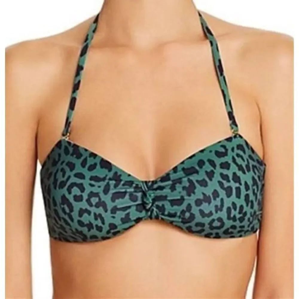 Aqua Lounge Knotted Bandeau Bikini Top Green Black Animal Print Small
